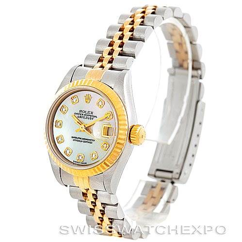 This image shows the Rolex Datejust 79173 Women's Stainless Steel Mother of Pearl Dial 79173 Women's Stainless Steel Mother of Pearl Dial watch at a 3/4 angle, highlighting the face, crown, and two-tone bracelet.