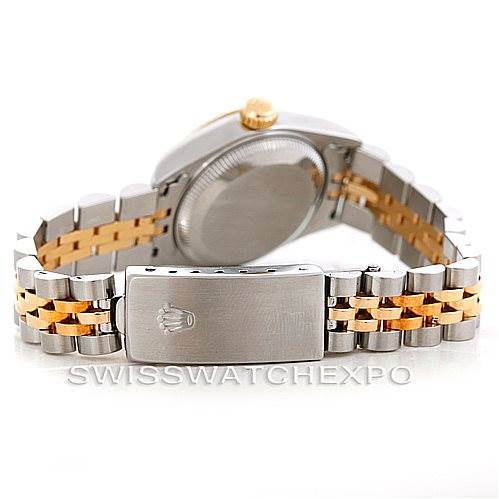 This image shows the back of a Rolex Datejust 79173 Women's Stainless Steel Mother of Pearl Dial 79173 Women's Stainless Steel Mother of Pearl Dial watch, highlighting its two-tone bracelet and closed clasp.