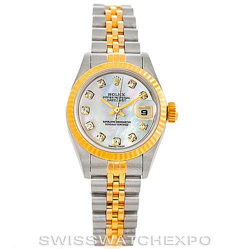 The image shows a Rolex Datejust 79173 Women's Stainless Steel Mother of Pearl Dial 79173 Women's Stainless Steel Mother of Pearl Dial watch from a top-down angle featuring its dial, bezel, crown, and two-tone bracelet.