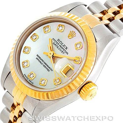 The image shows a close-up of the Rolex Datejust 79173 Women's Stainless Steel Mother of Pearl Dial 79173 Women's Stainless Steel Mother of Pearl Dial watch, displaying its dial, bezel, and part of the bracelet at an angle.