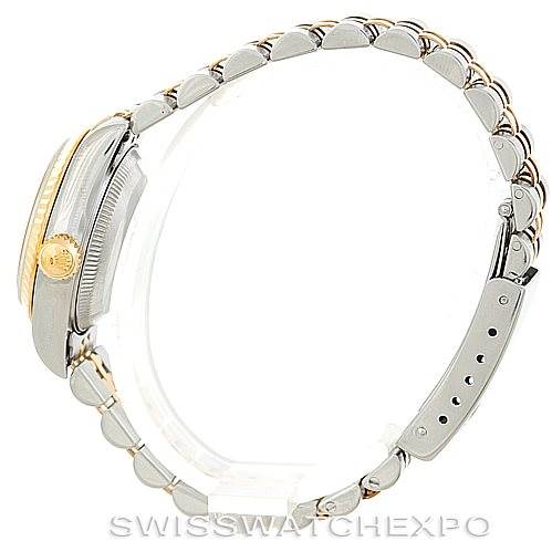 Side view of a Rolex Datejust 79173 Women's Stainless Steel Mother of Pearl Dial 79173 Women's Stainless Steel Mother of Pearl Dial watch, showing the crown, case, and bracelet.