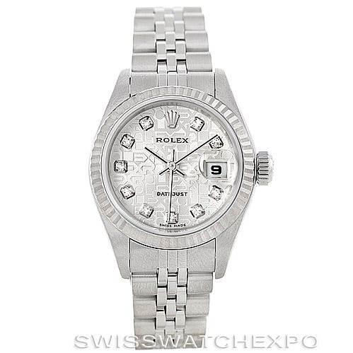 This image shows a frontal view of the Rolex Datejust 79174 Women's Stainless Steel Silver Dial 79174 Women's Stainless Steel Silver Dial watch, displaying its bracelet, dial, crown, and date window.