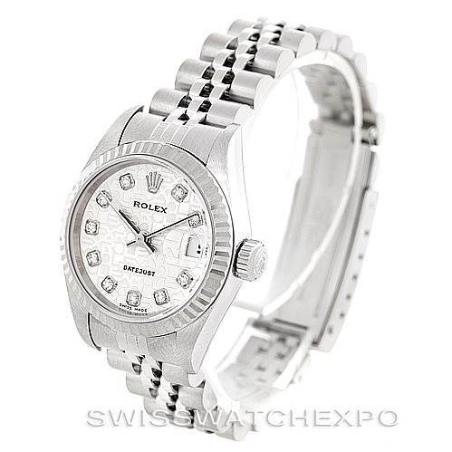The image shows a Rolex Datejust 79174 Women's Stainless Steel Silver Dial 79174 Women's Stainless Steel Silver Dial watch at a three-quarter angle, highlighting the dial, bezel, crown, and bracelet.