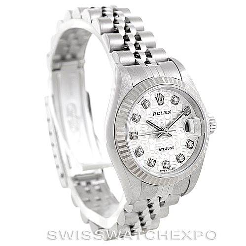 The Rolex Datejust 79174 Women's Stainless Steel Silver Dial 79174 Women's Stainless Steel Silver Dial watch is shown at a front angle highlighting its face, bezel, and part of the bracelet.