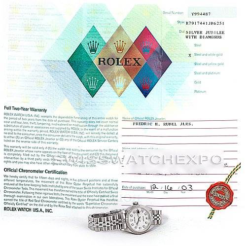 The image shows the Rolex Datejust 79174 Women's Stainless Steel Silver Dial 79174 Women's Stainless Steel Silver Dial model watch and its certificate documents including warranty and chronometer certification.