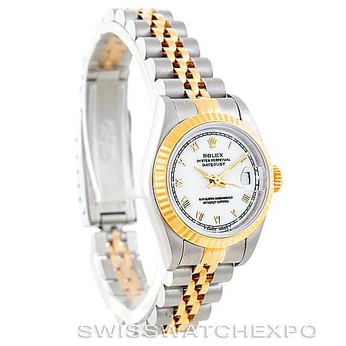 The image shows a Rolex Datejust 69173 Women's Stainless Steel White Dial 69173 Women's Stainless Steel White Dial watch at an angled view, highlighting its bracelet, case, bezel, and dial.
