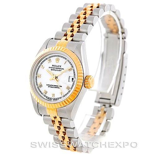 This Rolex Datejust 69173 Women's Stainless Steel White Dial 69173 Women's Stainless Steel White Dial is shown at a slight angle, displaying the face, bezel, and part of the two-tone bracelet.