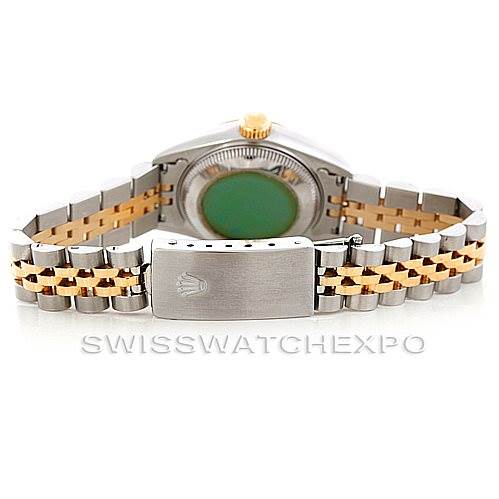This image shows the back view of a Rolex Datejust 69173 Women's Stainless Steel White Dial 69173 Women's Stainless Steel White Dial watch, highlighting its stainless steel and gold Jubilee bracelet and clasp.