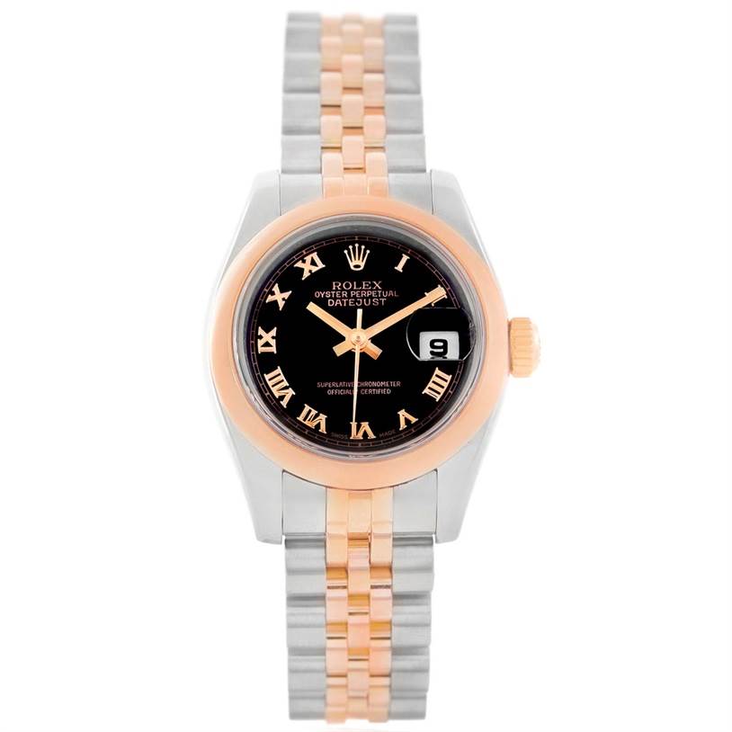 The image shows a Rolex Datejust 179161 Women's Steel and Gold (two tone) Black Dial 179161 Women's Steel and Gold (two tone) Black Dial watch from a front angle, highlighting its black dial, two-tone metal bracelet, and date window at 3 o'clock.