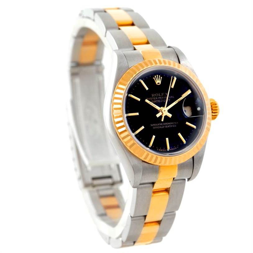 The image shows a Rolex Datejust 79163 Women's Steel and Gold (two tone) Black Dial 79163 Women's Steel and Gold (two tone) Black Dial watch at a three-quarter angle, highlighting its face, bezel, and bracelet.