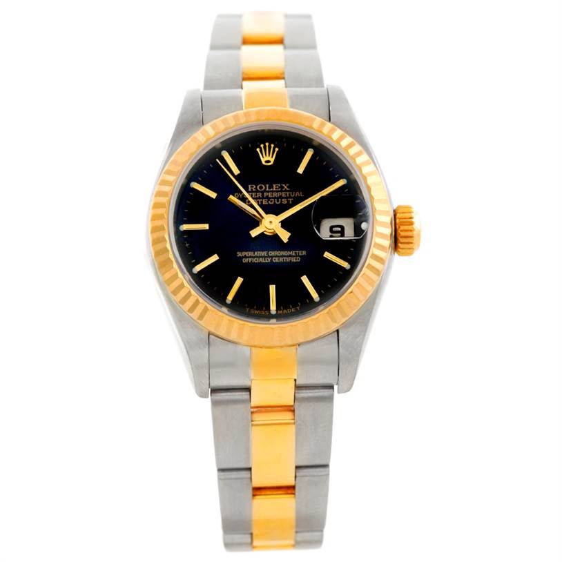 The Rolex Datejust 79163 Women's Steel and Gold (two tone) Black Dial 79163 Women's Steel and Gold (two tone) Black Dial watch is shown from a front view, highlighting its two-tone bracelet, black dial, and date window.