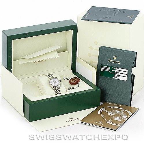 The image shows a Rolex Datejust 179174 Women's Stainless Steel Grey Dial 179174 Women's Stainless Steel Grey Dial watch in its box, accompanied by manuals, a tag, and a cleaning cloth.
