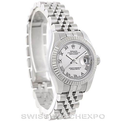 This image shows the Rolex Datejust 179174 Women's Stainless Steel Grey Dial 179174 Women's Stainless Steel Grey Dial watch at an angle highlighting the face, bezel, and part of the bracelet.