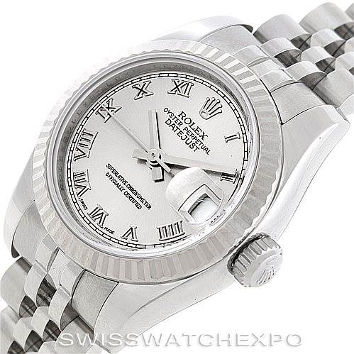This image shows a close-up angle of the Rolex Datejust 179174 Women's Stainless Steel Grey Dial 179174 Women's Stainless Steel Grey Dial watch, highlighting its dial, bezel, crown, and bracelet.