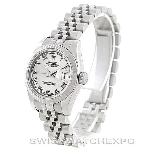 The image shows a Rolex Datejust 179174 Women's Stainless Steel Grey Dial 179174 Women's Stainless Steel Grey Dial watch at an angle highlighting the face, bezel, crown, and part of the Jubilee bracelet.