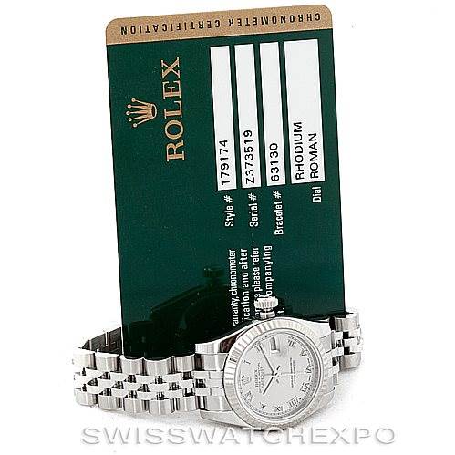 The image shows a Rolex Datejust 179174 Women's Stainless Steel Grey Dial 179174 Women's Stainless Steel Grey Dial watch at an angled front view, accompanied by a certification card.