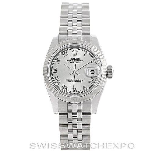 This image shows the full frontal view of the Rolex Datejust 179174 Women's Stainless Steel Grey Dial 179174 Women's Stainless Steel Grey Dial watch, highlighting its face, bezel, and bracelet.