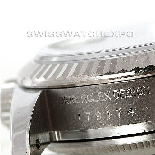 This image shows a close-up of the side of a Rolex Datejust 179174 Women's Stainless Steel Grey Dial 179174 Women's Stainless Steel Grey Dial watch, focusing on the case and model number engraving.