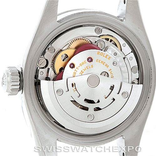 This image shows the internal mechanical movement of a Rolex Datejust 179174 Women's Stainless Steel Grey Dial 179174 Women's Stainless Steel Grey Dial watch from a rear angle with the case back removed.
