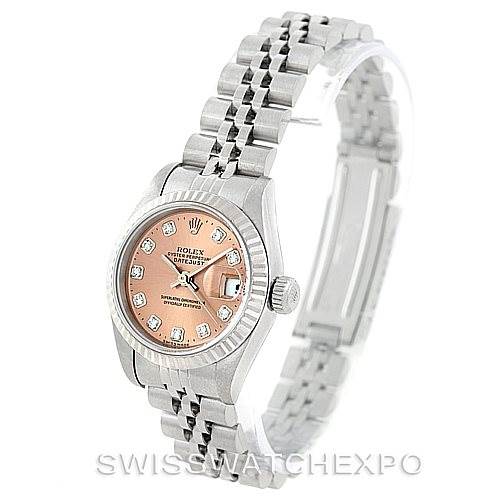 The image shows a Rolex Datejust 69174 Women's Stainless Steel Pink Dial 69174 Women's Stainless Steel Pink Dial watch with a pink dial, diamond hour markers, and a stainless steel Jubilee bracelet from a front angle.