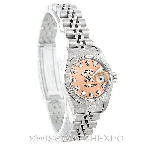 This image shows a Rolex Datejust 69174 Women's Stainless Steel Pink Dial 69174 Women's Stainless Steel Pink Dial watch from a front angle, highlighting the face, bezel, crown, and bracelet.