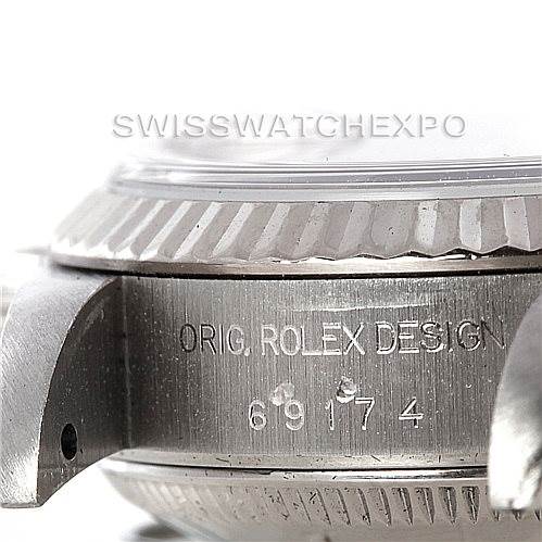 This is a close-up side view of a Rolex Datejust 69174 Women's Stainless Steel Pink Dial 69174 Women's Stainless Steel Pink Dial watch, showcasing the case with "Orig. Rolex Design" and the model number 69174.
