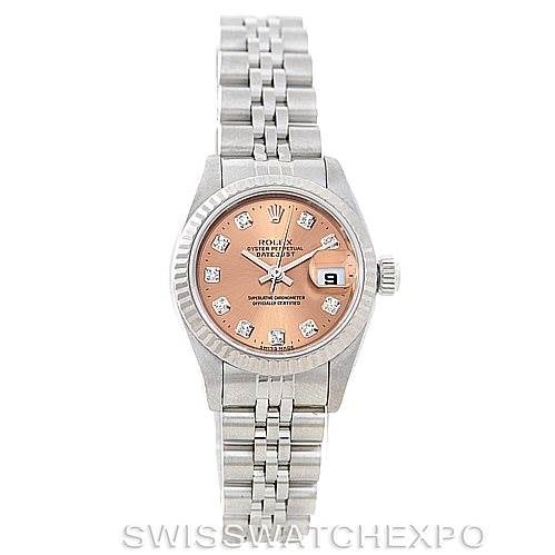 This Rolex Datejust 69174 Women's Stainless Steel Pink Dial 69174 Women's Stainless Steel Pink Dial model watch is shown from the front, displaying its dial, bezel, and bracelet.