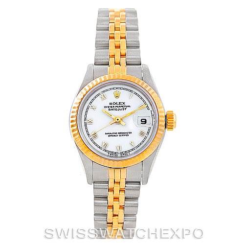 This image shows a Rolex Datejust 69163 Women
s Stainless Steel White Dial 69163 Women
s Stainless Steel White Dial model watch from a front angle, highlighting its two-tone bracelet, bezel, and date display.