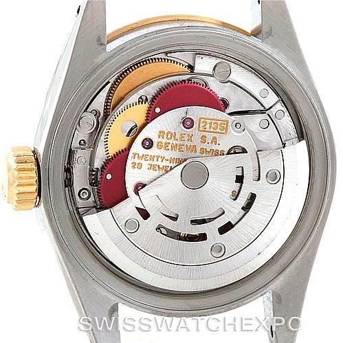 This image shows the inner mechanism and movement of a Rolex Datejust 69163 Women
s Stainless Steel White Dial 69163 Women
s Stainless Steel White Dial watch from the back angle.