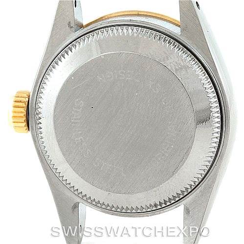 The image shows the caseback and crown of a Rolex Datejust 69163 Women
s Stainless Steel White Dial 69163 Women
s Stainless Steel White Dial watch.