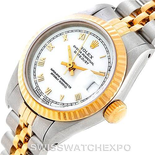 This image shows a close-up angle of the Rolex Datejust 69163 Women
s Stainless Steel White Dial 69163 Women
s Stainless Steel White Dial watch featuring the dial, bezel, crown, and part of the band.