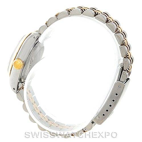 The image shows a side view of a Rolex Datejust 69163 Women
s Stainless Steel White Dial 69163 Women
s Stainless Steel White Dial watch, highlighting the crown, case, and bracelet.
