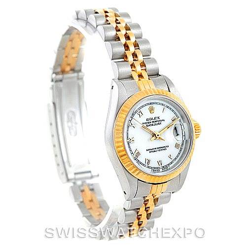 This image shows a Rolex Datejust 69163 Women
s Stainless Steel White Dial 69163 Women
s Stainless Steel White Dial watch, positioned at an angle highlighting the bracelet, bezel, and face.