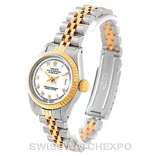 The image shows a Rolex Datejust 69163 Women
s Stainless Steel White Dial 69163 Women
s Stainless Steel White Dial watch at a 3/4 angle, highlighting the face, band, and clasp.