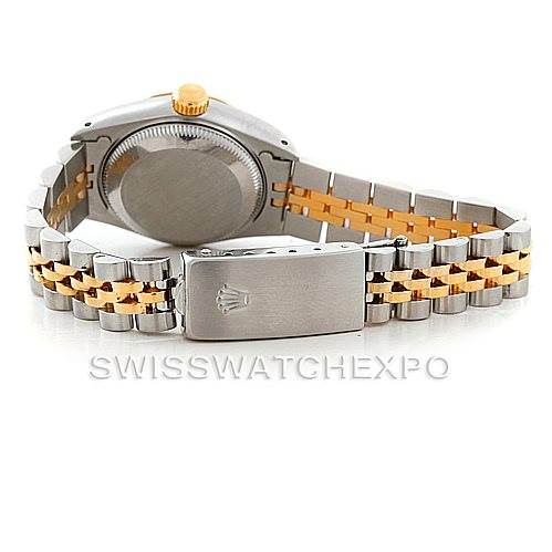 The image shows the back view and bracelet of a Rolex Datejust 69163 Women
s Stainless Steel White Dial 69163 Women
s Stainless Steel White Dial watch, featuring a two-tone design.