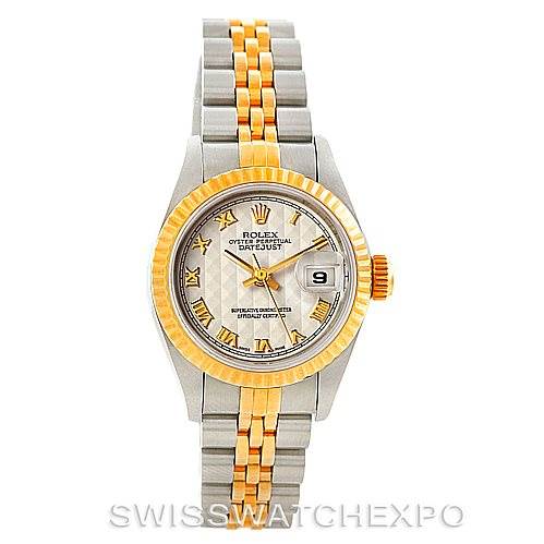 The image shows a front angle of a Rolex Datejust 69173 Women
s Stainless Steel Beige Dial 69173 Women
s Stainless Steel Beige Dial watch displaying its dial, fluted bezel, and Jubilee bracelet.