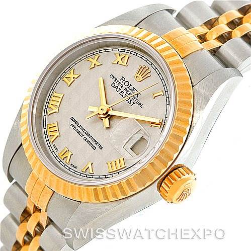 The image shows a close-up of a Rolex Datejust 69173 Women
s Stainless Steel Beige Dial 69173 Women
s Stainless Steel Beige Dial watch, displaying the dial, fluted bezel, crown, and part of the jubilee bracelet.