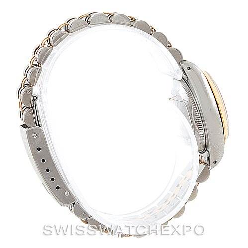 This image shows a side profile of a Rolex Datejust 69173 Women's Stainless Steel White Dial 69173 Women's Stainless Steel White Dial watch, highlighting its bracelet and case.