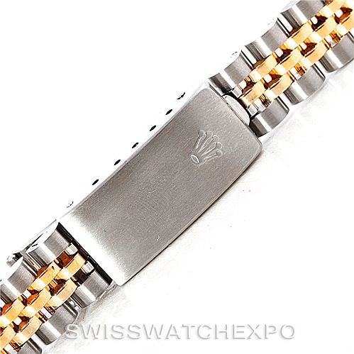 This image shows the clasp and bracelet of a Rolex Datejust 69173 Women's Stainless Steel White Dial 69173 Women's Stainless Steel White Dial watch, highlighting its two-tone metal design.