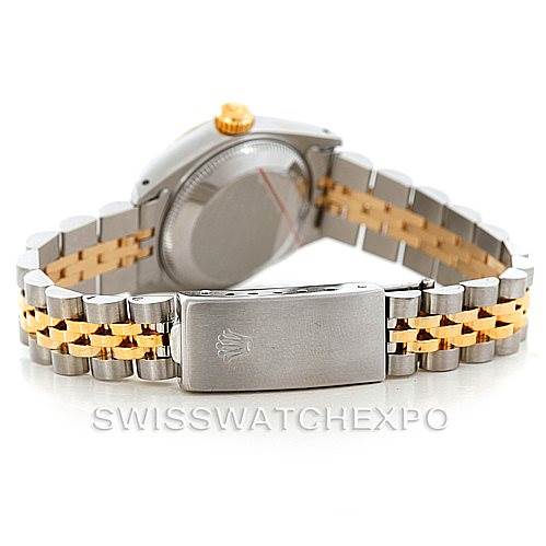 The image shows the back of a Rolex Datejust 69173 Women's Stainless Steel White Dial 69173 Women's Stainless Steel White Dial watch, highlighting its two-tone metal bracelet and clasp.