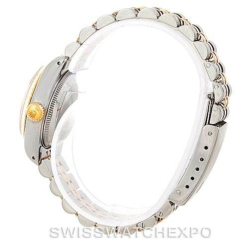 The image shows a side view of a Rolex Datejust 69173 Women's Stainless Steel White Dial 69173 Women's Stainless Steel White Dial watch, including its bracelet and crown.