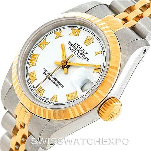 The image shows a Rolex Datejust 69173 Women's Stainless Steel White Dial 69173 Women's Stainless Steel White Dial watch at an angled view, highlighting the dial, bezel, and bracelet with a focus on the crown.