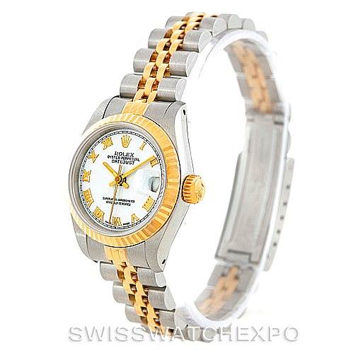 The image shows a Rolex Datejust 69173 Women's Stainless Steel White Dial 69173 Women's Stainless Steel White Dial watch angled to display the face, bezel, crown, and bracelet.