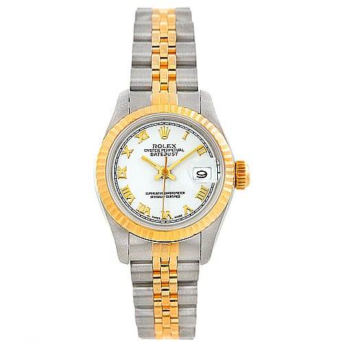This is a top-view image of a Rolex Datejust 69173 Women's Stainless Steel White Dial 69173 Women's Stainless Steel White Dial watch, showing the face, bezel, and two-tone bracelet.