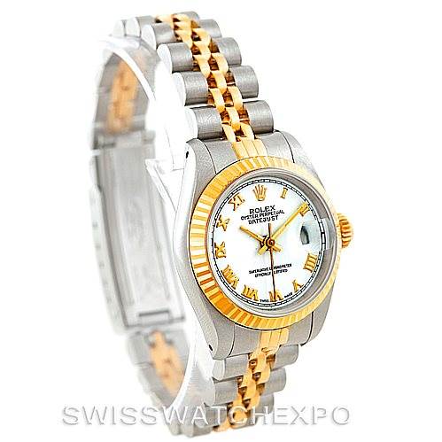 The image shows a side angle of a Rolex Datejust 69173 Women's Stainless Steel White Dial 69173 Women's Stainless Steel White Dial watch, highlighting its jubilee bracelet, fluted bezel, and white dial.