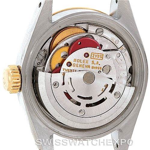 This image shows the movement and internal mechanism of a Rolex Datejust 69173 Women's Stainless Steel Black Dial 69173 Women's Stainless Steel Black Dial watch from the back.