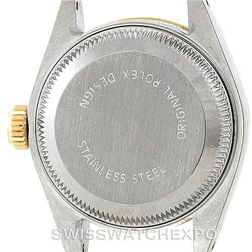 The image shows the back case and crown of a Rolex Datejust 69173 Women's Stainless Steel Black Dial 69173 Women's Stainless Steel Black Dial watch.