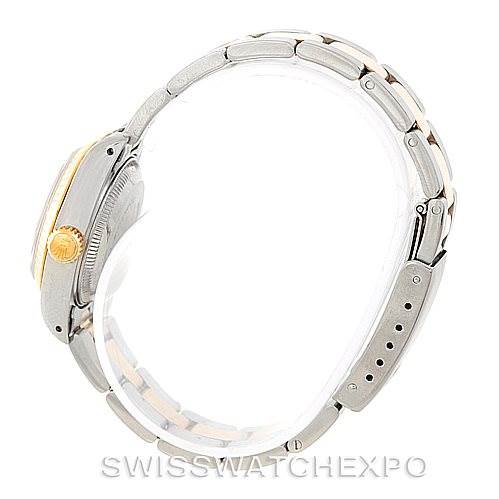 The image shows a side view of the Rolex Datejust 69173 Women's Stainless Steel Black Dial 69173 Women's Stainless Steel Black Dial, highlighting the bracelet, crown, and thickness of the watch case.