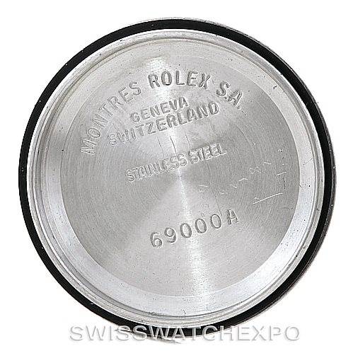 The image shows the inside case back of a Rolex Datejust 69173 Women's Stainless Steel Black Dial 69173 Women's Stainless Steel Black Dial watch, featuring model and brand inscriptions.
