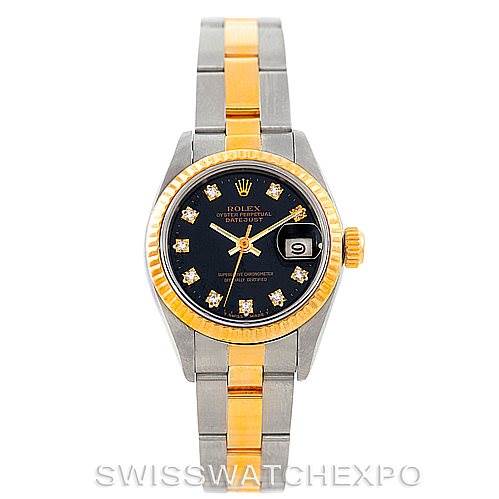 This Rolex Datejust 69173 Women's Stainless Steel Black Dial 69173 Women's Stainless Steel Black Dial watch is shown from the front, displaying its bezel, black dial with diamond hour markers, date window, and two-tone bracelet.